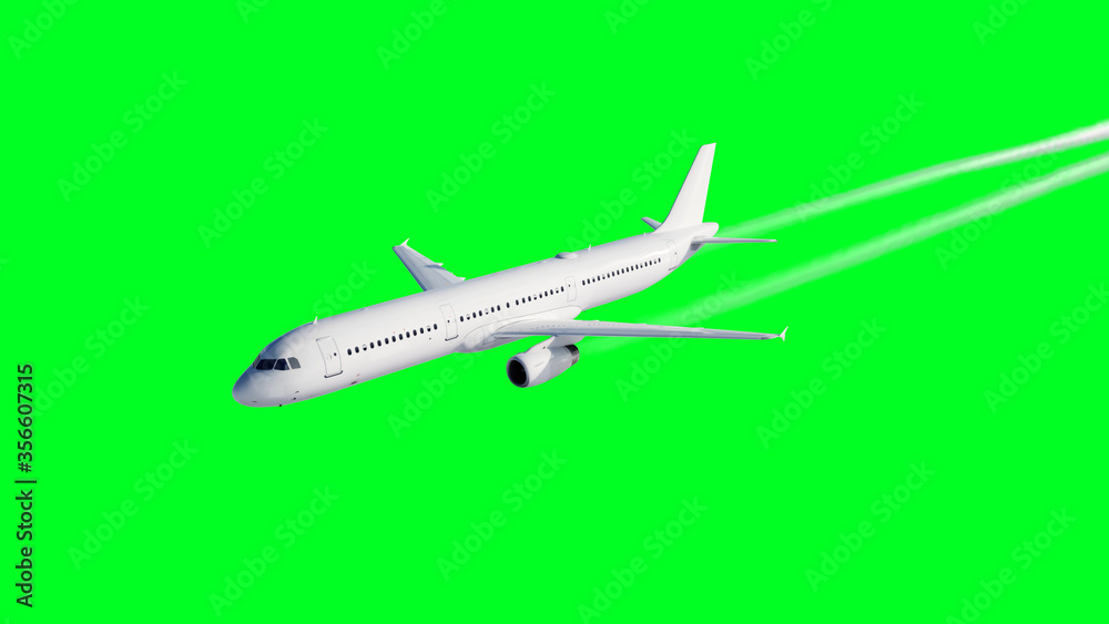 Passenger flying Plane . Isolate green screen. . A condensation trail of an airplane. 3d rendering.