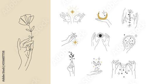 Set of modern simple magic drawings with crystals, stars, moon. Design elements for weddings, tattoos, trendy boho style. Vector linear illustration isolated on white background.