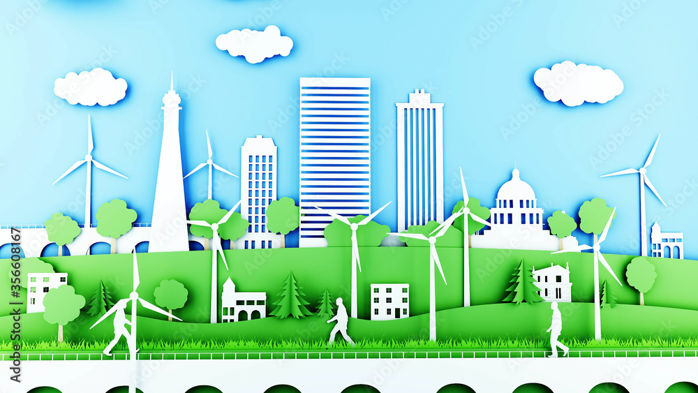 Paper cartoon city with wind power turbines. Ecological concept. 3d rendering.