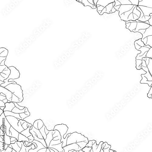 Vector square black and white autumn card. Corner frame with leaves of pumpkins on white background. Hand line drawing. Template for Thanksgiving greeting card, Harvest festival invitation.