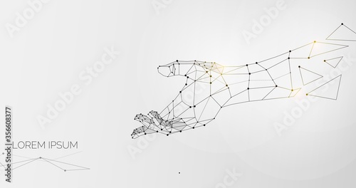 Outstretched hand made of lines and dots over grey background