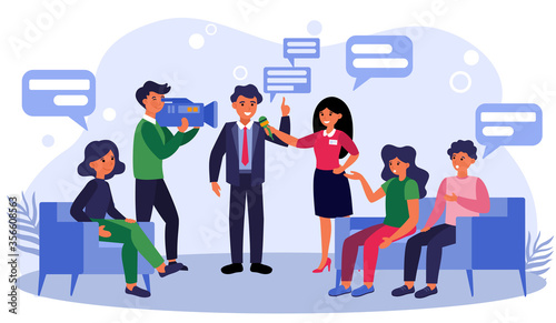 News reporters interviewing businessman or politician. Talk show, journalist, cameraman flat vector illustration. TV show, journalism concept for banner, website design or landing web page