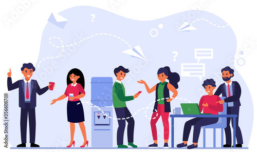 Contact methods between colleagues. Business people talking, chatting and sending email in office flat vector illustration. Business communication concept for banner, website design or landing webpage