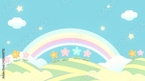 3d rendering picture of sweet cartoon mountains, flowers, stars and rainbow. © tykcartoon