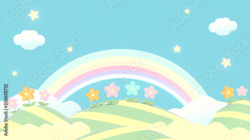 3d rendering picture of sweet cartoon mountains  flowers  stars and rainbow.