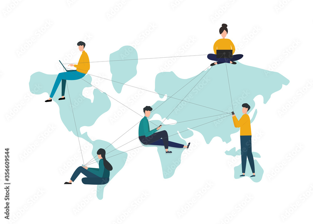 People on world map using gadgets to communicate online, white background. Vector illustration in flat style People on world map using gadgets to communicate online, white background. Vector illustration in flat style