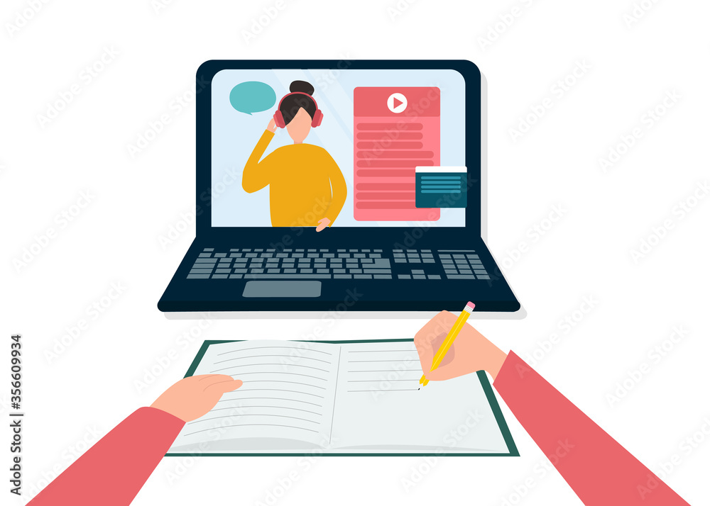 Person studying online to video tutorial on laptop, writing down notes into copybook. Vector illustration in flat style