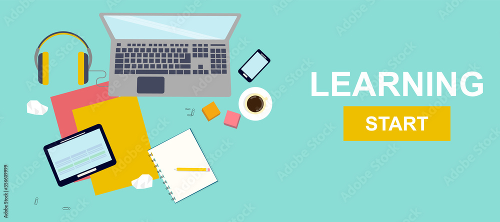 Overhead view of digital devices and notebooks with words LEARNING START, vector illustration in flat style