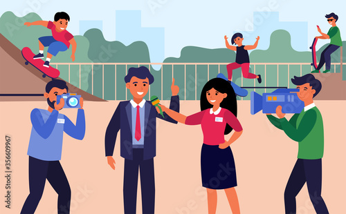 Newscasters interviewing businessman or politician. Reporters, correspondent, playground flat vector illustration. Broadcasting, journalism concept for banner, website design or landing web page