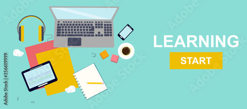 Overhead view of digital devices and notebooks with words LEARNING START, vector illustration in flat style