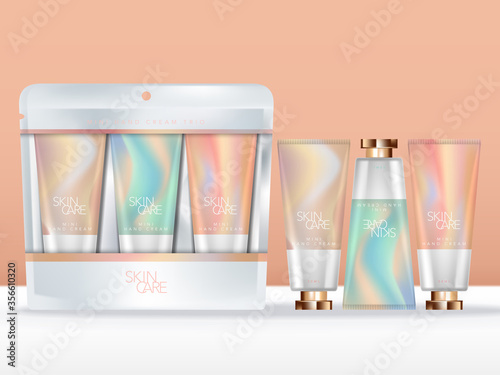 Vector Pastel Abstract Printed Hand Cream Trio Set in Clear & White Packet, Silver Liner.