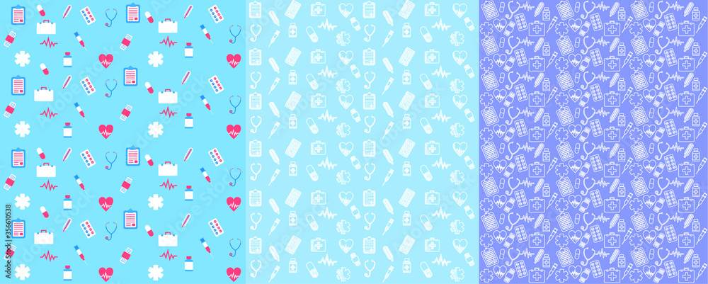 Set of seamless medical equipment pattern with icon. Seamless medical background Set of seamless medical equipment pattern with icon. Seamless medical background