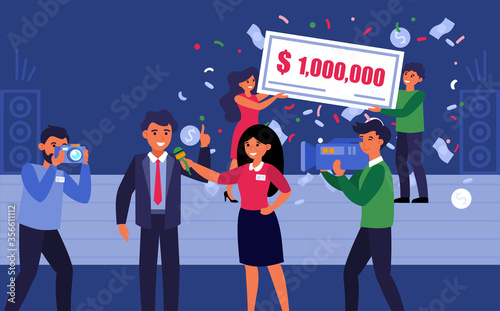 Prize drawing show. Reporters interviewing businessman flat vector illustration. Broadcasting, marketing, promo campaign concept for banner, website design or landing web page