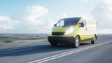 Yellow delivery van on highway. Very fast driving. Transport and logistic concept. 3d rendering.