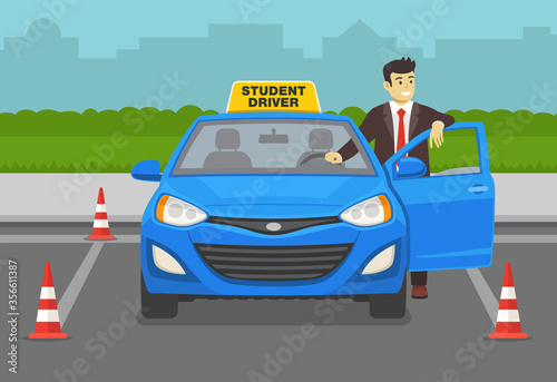 Happy student or teacher leaning on the car door. Parking lot front view. Flat vector illustration.