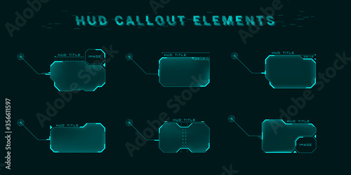 Callout screen interface in HUD style. Set of futuristic user screen interfaces. Modern digital layout of control panel and user menu HUD, GUI, UI. Editable stroke. Good for animation. Vector