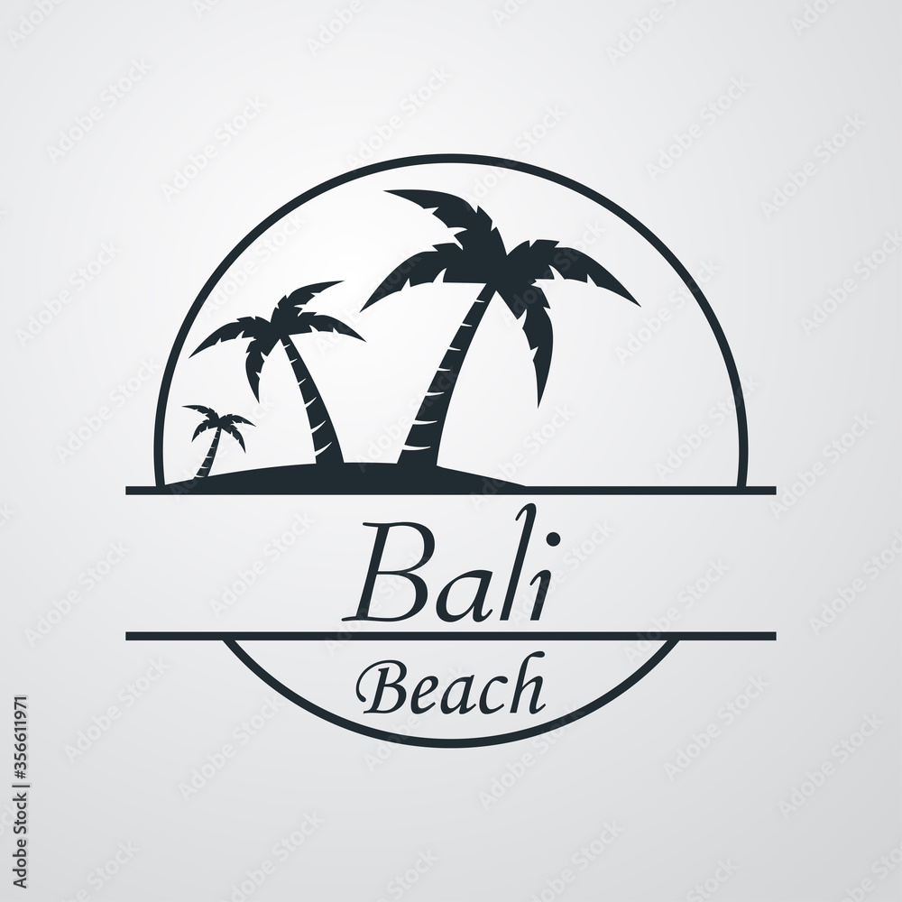 Símbolo destino de vacaciones. Icono plano texto Bali Beach en círculo con playa y palmeras en fondo gris