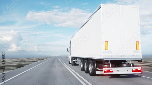 white truck. trailer on the road, highway. Transports, logistics concept. 3d rendering.