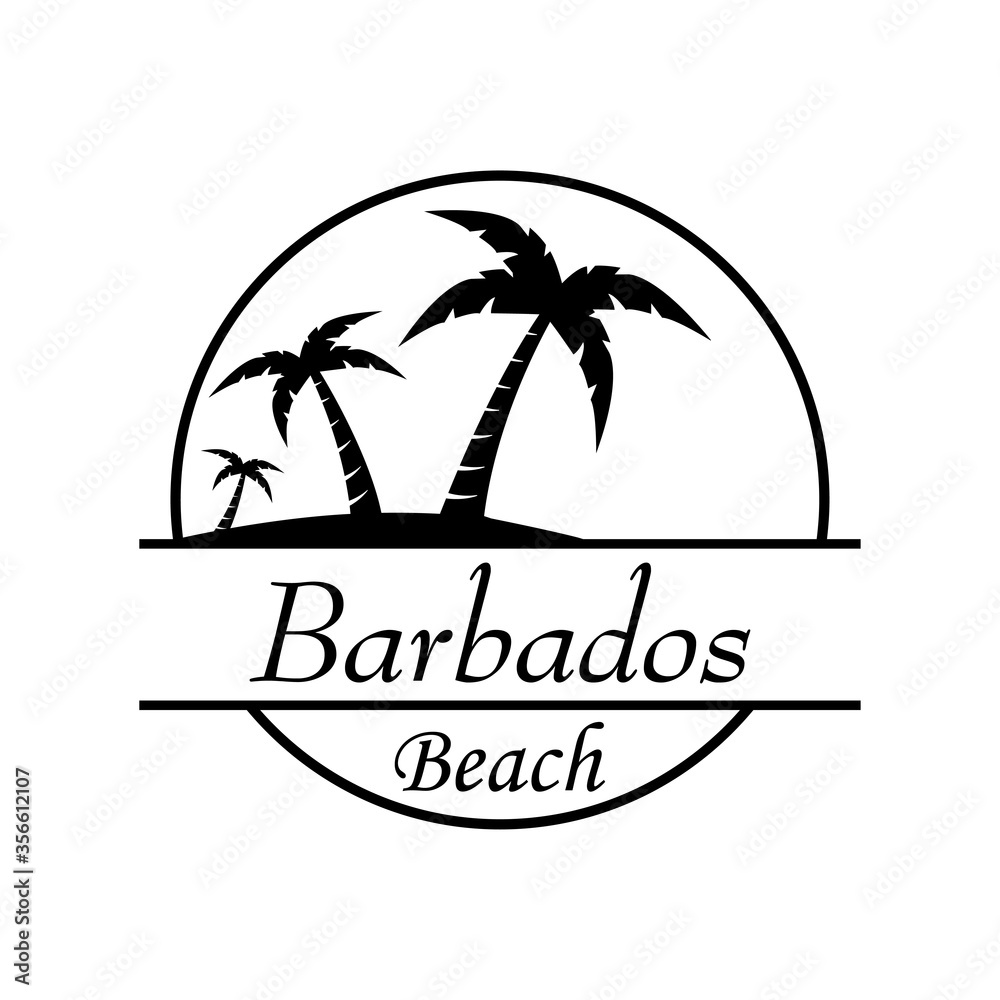 Símbolo destino de vacaciones. Icono plano texto Barbados Beach en círculo con playa y palmeras en color negro