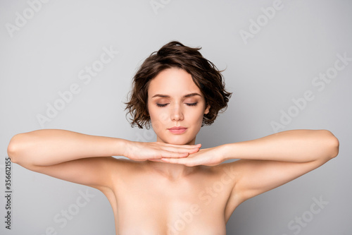 Portrait of minded pensive girl touch chin hands imagine she fashion beauty model for new skin care anti aging procedure to make body fresh ideal soft isolated over gray color background