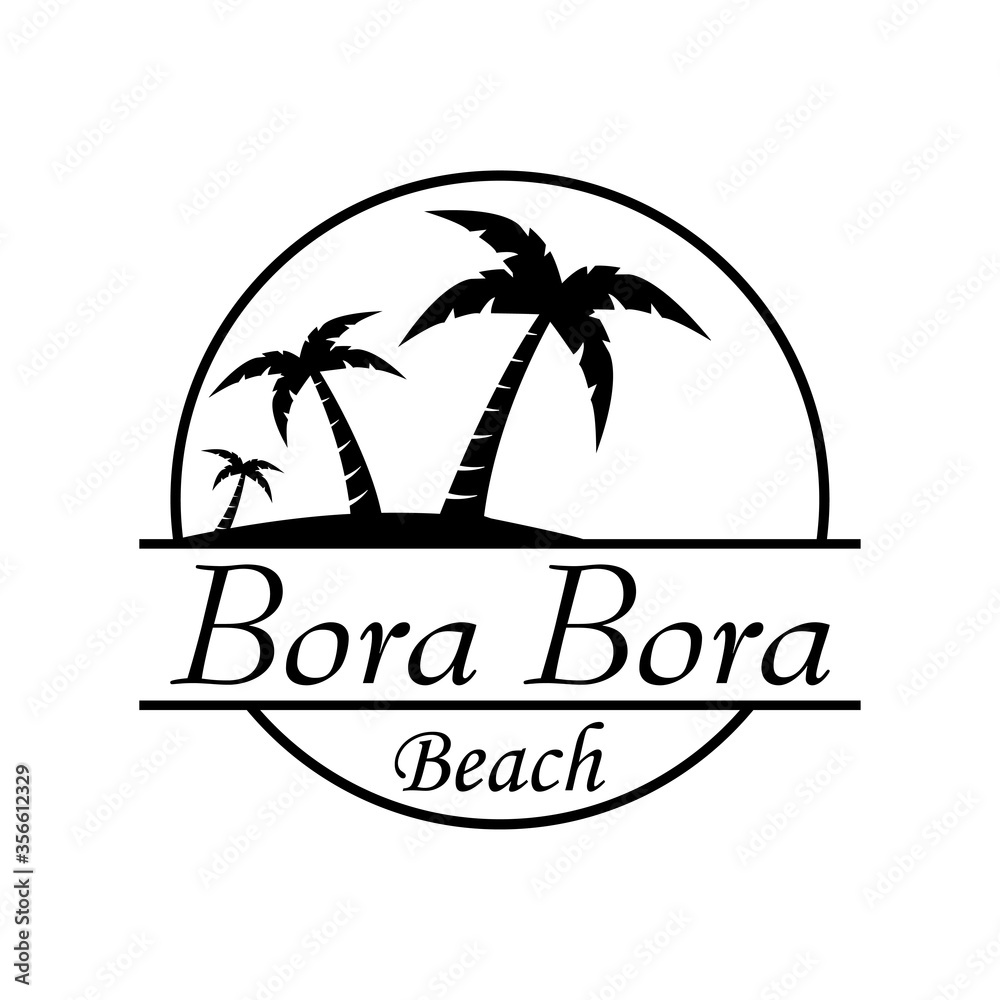 Símbolo destino de vacaciones. Icono plano texto Bora Bora Beach en círculo con playa y palmeras en color negro