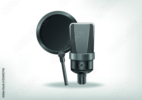 Realistic Technology object, sound recording equipment concept - Studio 3d silver microphone and black pop shield on mic stand. realistic design, vector art image illustration, isolated on white