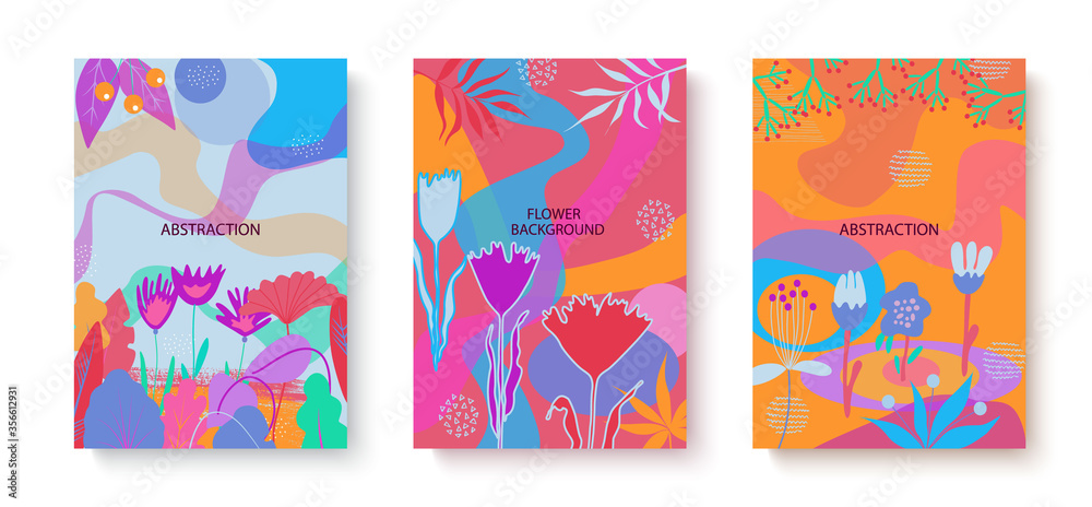 Colorful set of abstract cards with flat illustrations of leaves and flowers. Exotic backgrounds for printing, advertising banners, invitations, greeting cards, brochures, covers.