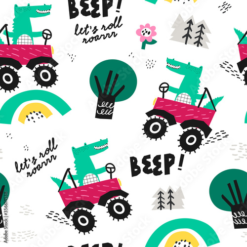 Vector seamless pattern with alligator driver. Creative vector childish background for fabric, textile, nursery wallpaper, poster, card, brochure. Vector illustration background.