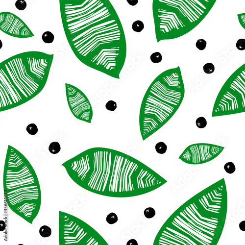Seamless pattern with leaves and berries. Floral print with foliage, graphic green wallpaper, hand drawn texture with a leaf. For fabric, .textile industry, wrapping paper, home decor.