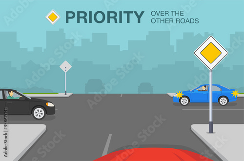 Driving a car. Main or priority road sign rule. Cars on crossroad. Flat vector illustration.