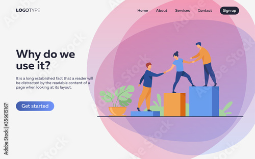 Employees giving hands and helping colleagues to walk upstairs. Team giving support, growing together. Vector illustration for teamwork, mentorship, cooperation concept