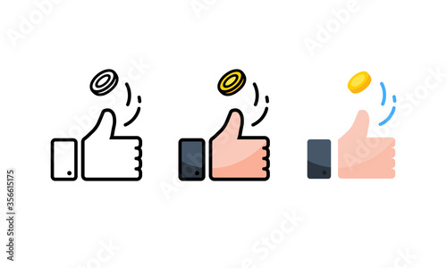 Hand is tossing coin. Heads or tails. Coin flipping icon set on isolated white background. Eps 10 vector