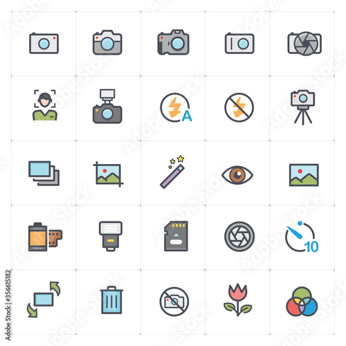 Icon set - camera and photograph outline stroke with color vector illustration on white background