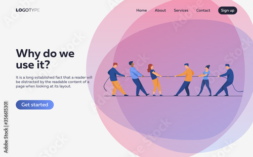 People pulling opposite ends of rope flat vector illustration. Tug of war contest between office workers. Competition challenge and confrontation concept