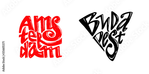 Amsterdam, Budapest. Names of world capitals. Design elements