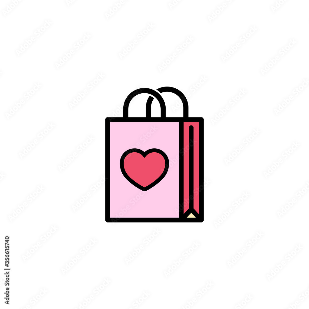Paper shopping bag with heart icon flat. Love stories symbol. Valentines day concept. Vector on isolated white background. Eps 10. Paper shopping bag with heart icon flat. Love stories symbol. Valentines day concept. Vector on isolated white background. Eps 10.
