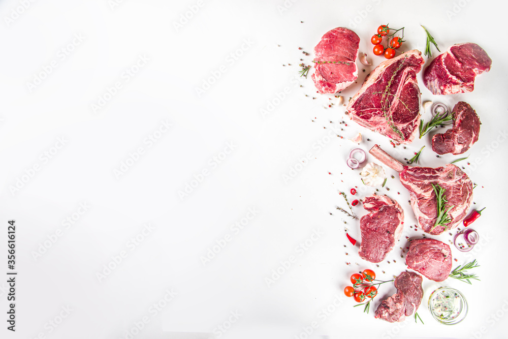 Φωτογραφία Set of various classic, alternative raw meat, veal beef steaks - chateau mignon, t-bone, tomahawk, striploin, tenderloin, new york steak
