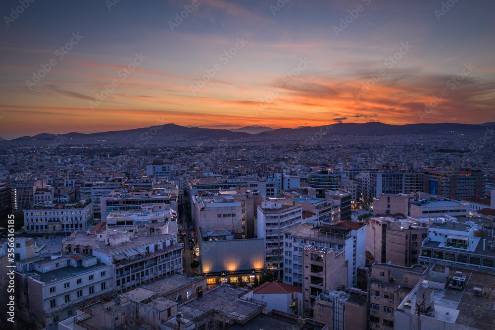 Athens city panoramic view at sunset time, Greece