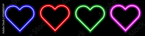 Set of neon hearts. Luminous elements for your design. Blue, red, green, pink colors
