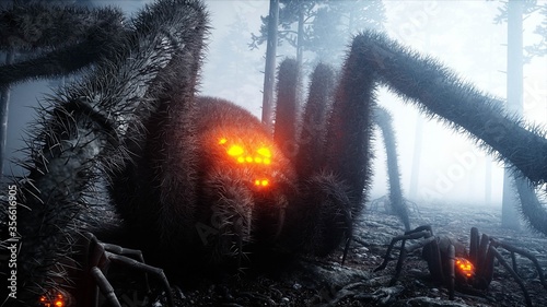 scary gigant spider in fog night forest. Fear and horror. Mistic and halloween concept. 3d rendering.