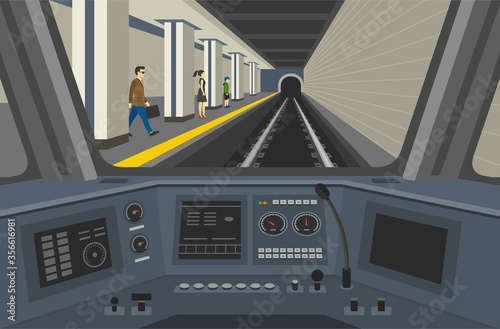 Cabin of a modern metro train. Interior control place of train. Inside view. Flat vector illustration of dashboard.