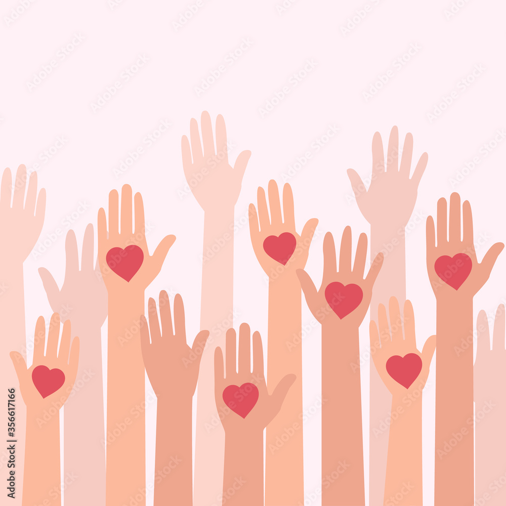 Volunteering. People with hearts on palms raising their hands up on pink background, vector illustration in flat style