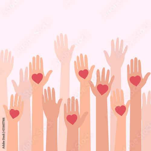 Volunteering. People with hearts on palms raising their hands up on pink background, vector illustration in flat style