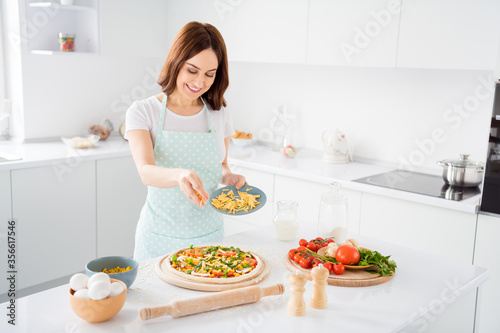Photo of beautiful cheerful housewife quarantine hobby preparing family recipe add finish ingredient cheese dough italian tradition pizza stay home happy modern kitchen indoors