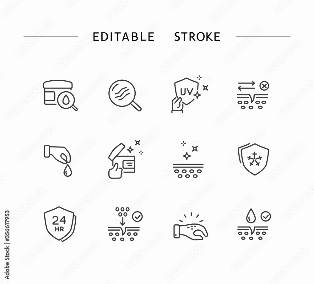 Skin line icon set isolated on white background. Care, collagen, cream search signs. Vitamin E, olive oil, serum drop elements. Vector outline editable stroke symbols for medical cosmetic design