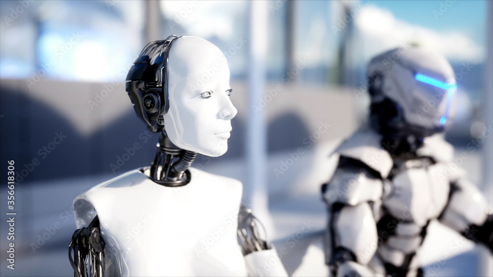 People and robots. Sci fi station. Futuristic monorail transport. Concept of future. 3d rendering. People and robots. Sci fi station. Futuristic monorail transport. Concept of future. 3d rendering.