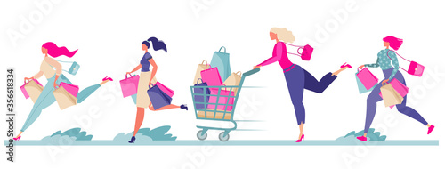 Girls run from the sale with shopping. A woman carries a cart with packages. Black Friday. Big discounts.