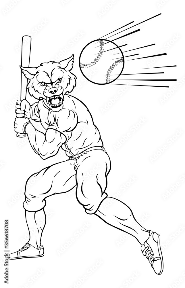 Fototapeta premium A wolf baseball player cartoon animal mascot swinging a bat at a fast ball