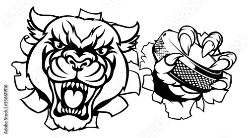 A panther ice hockey player animal sports mascot holding a puck