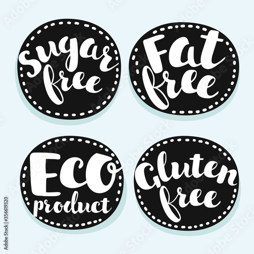 Set of labels, badges and stickers on organic and natural food. Vector illustration.
